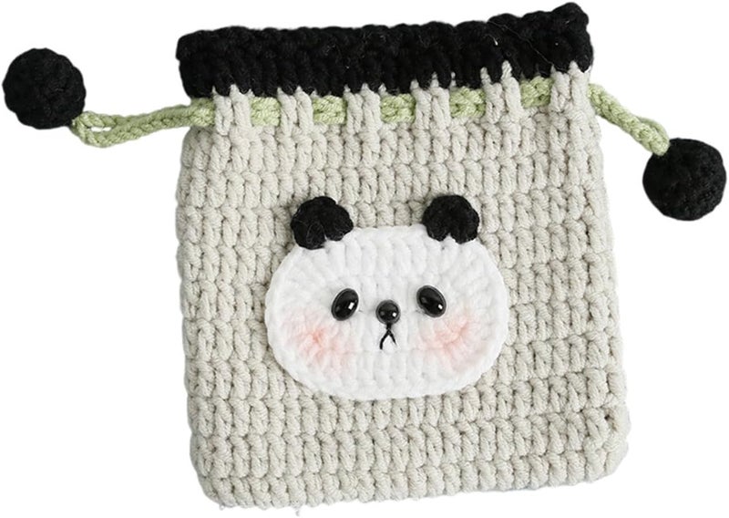 BRTOO Small Crochet Purse 101% Handmade Knitted Storage Bag Cute Funny Kawaii Coin Change Purse Pouch Mini Cartoon Shark Funny Plush Drawstring Headphone Wallet for Women Girls Gift(Small panda) - Image 1